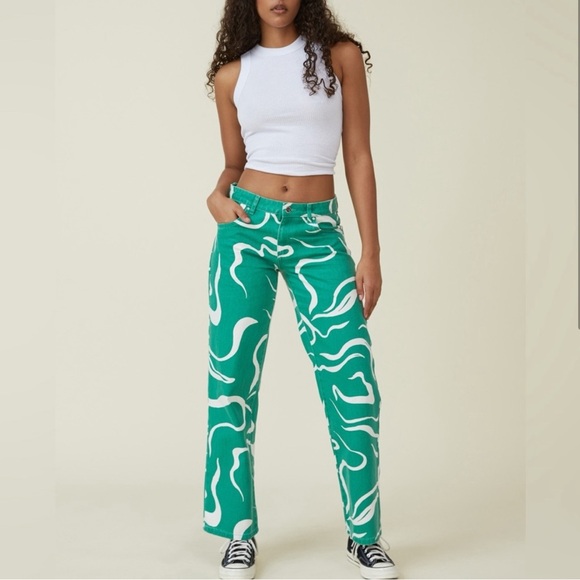 Cotton On Denim - Cotton On Low Rise Green and White Swirl Straight Jeans sz4